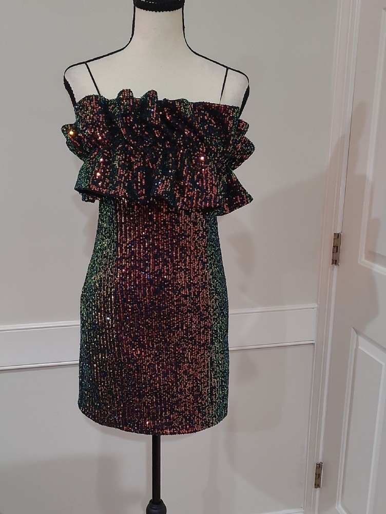 Thirty Thirty LA Multicolor Sequin Strapless Mini Dress with Ruffles – Size L Jr