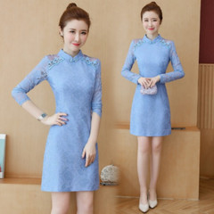 Women Long Sleeve A-line Qipao Lace Mini Dress Floral Embroidery Cheongsam