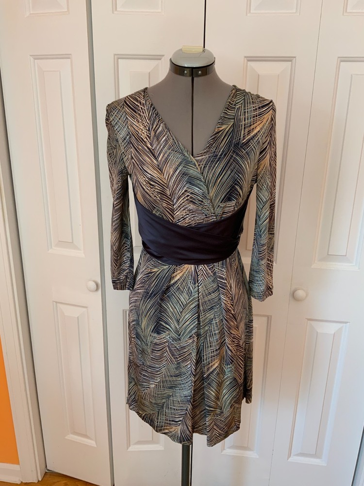 BCBG MaxAzria Petite long sleeves waist ribbon palm pattern dress size SP