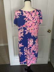 Lilly Pulitzer Blue Pink Floral Shift Midi Dress Size M Scoop Neck Short Sleeve