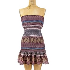 Y2K Deb Boho Paisley Smocked Mini Dress Strapless Ruffle Hem Festival Fairy Sz S