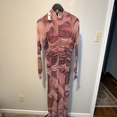 Anthropologie Women&rsquo;s Abstract Mesh Ruched Mock Neck Dress S Pink Rose