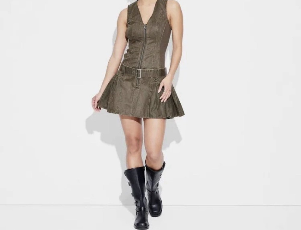 Wild Fable Brown Solid Twill Mini A-Line Dress V-Neck Sleeveless Belted XL