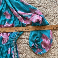 KANTHA BAE O/S 100% Silk Boho Teal Floral Pink Maxi Dress Keyhole Balloon Sleeve