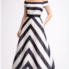 Adrianna Papell Size 4 Off Shoulder Black White Stripe Organza Ball Gown NWT
