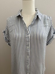 Thread & Supply L Blue White Stripe Midi Shirt Dress Button Pockets Summer Chic