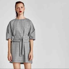 Zara Basic Collection Short Dolman Sleeve Mini Dress Gray Glen Plaid Belted Sz M
