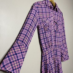 Free People Milo Pink Blue Plaid Mini Dress Button Front Size XS Elastic Waist