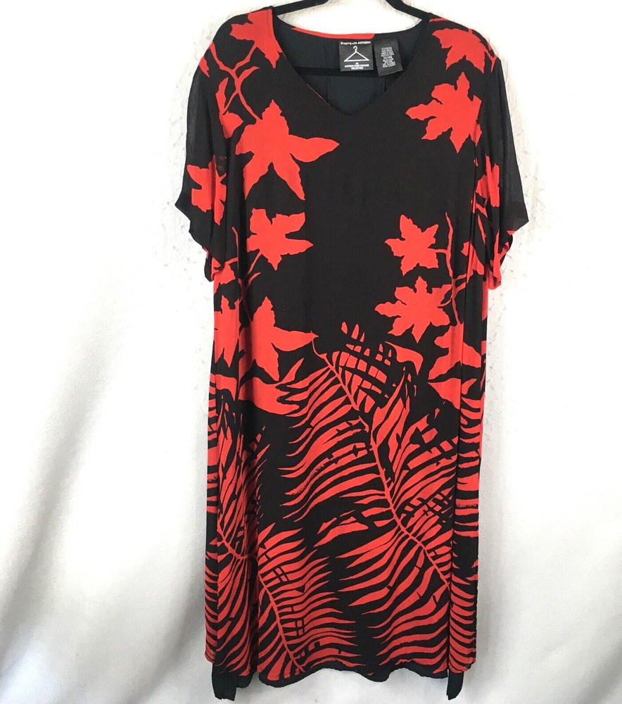 Shopping With Antthony Dress Womens 2X Plus Size Black Red Flower Art To Wear