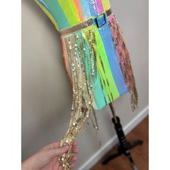 Sparkly Sequin Rainbow & Gold Fringe Mini Dress Blue B Size Small Pride Colorful