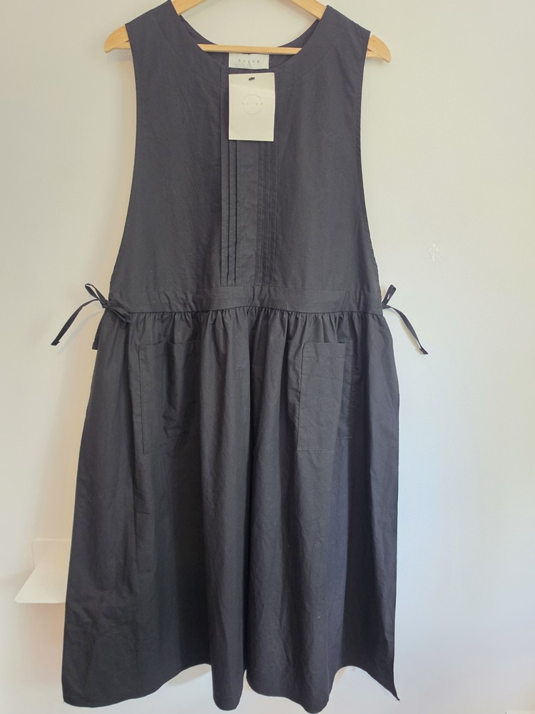 Olive Black Cotton Sleeveless Apron Smock Midi Dress UK 14 Layering Cottagecore