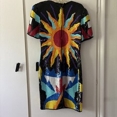 Vintage Laurence Kazar Silk Sequin Dress Color Block 80’s Short Celestial Sun M