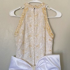 Vintage 90s Pearl Beaded Wedding Gown Size 12 Back Bow Old Money Bridal Dress