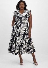 Anne Klein Plus Size Printed V-Neck Ruffled MIDI Dress – Anne Black/Egret