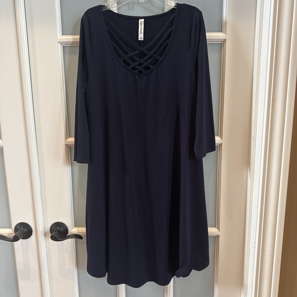 Zenana Premium Size Large Navy Blue Three-Quarter Sleeve Criss Cross Neck Dress