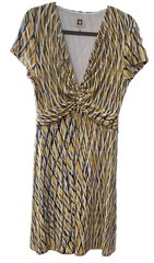 Anne Klein Women&rsquo;s 10 Yellow/Black/White Abstract Sheath V-Neck Twist Dress Fun