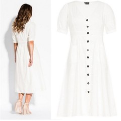 City Chic Linen Cotton Button Front Midi Dress Ivory Plus Size 20