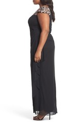 XSCAPE Black Floral Embroidered Rhinestone Embellished Ruffle Maxi Gown 16W = 1X