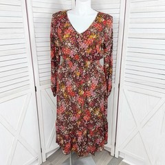 Stitch Dress Women Large Brown Multi Boho Floral Midi Smocked Waist Long Sleeve