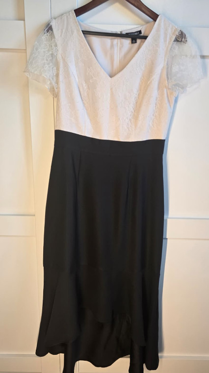 Roz & Ali Womens Formal Dress Size 8 Black White Lace High Low Midi Pockets
