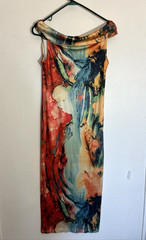 Abstract Watercolor Cowl Neck Midi Dress Women Small Multicolor Stretch