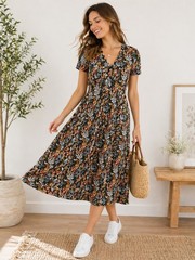 Seasalt Cornwall Floral Midi Dress US 6 UK 10 Organic Cotton V Neck