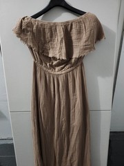 Michael Stars Dress Womens L Taupe Tara Strapless Maxi Gauze Crinkle 100% Cotton