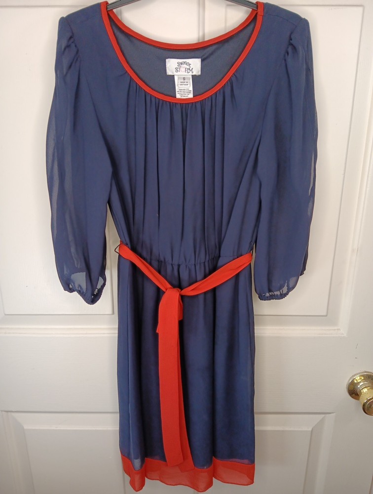 Sweet Storm Dress Small Navy Orange 3/4 Split Sleeves Elastic Waist Tie Belt EUC