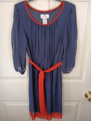 Sweet Storm Dress Small Navy Orange 3/4 Split Sleeves Elastic Waist Tie Belt EUC
