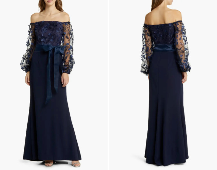 ELIZA J Navy Sheer 3D Petals Sequin Embellished Off Shoulder Belted Maxi Gown 10