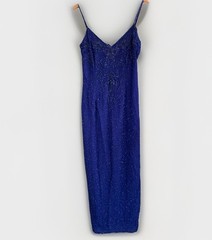 Vtg Scala 100% Silk Long Blue Beaded Gown DAMAGED 90s Y2K Zip Back Slit Size 10