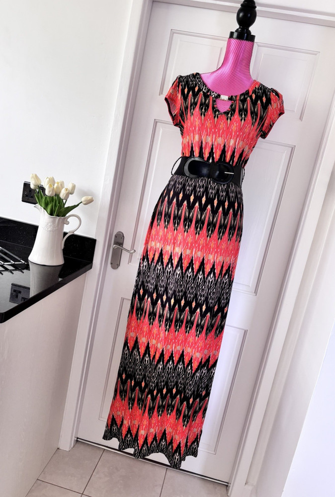 BILLIE & BLOSSOM .. Orange mix Stretch Maxi Dress with Elasticated Belt Sz 14