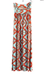 Villa Bay Strapless Maxi Dress Boho Aztec Print Orange Turquoise Size M USA