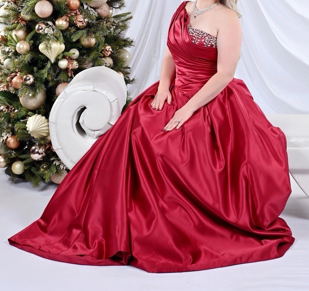 Women’s Red Satin One-Shoulder Beaded Formal Ballgown Long Train Dress 10