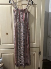 Angie Boho Smocked Maxi Dress Size Large Multi Stripe Coconut Shell Button Front