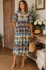 Umgee Blue Beige Floral Boho V-Neck Ruffle Short Sleeve Lined Midi Dress S