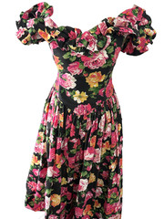 Vintage 80s Expo Black Floral Off Shoulder Boned Prom Dress Size 6 USA