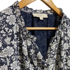 LOFT Navy Blue White Floral Print Split Neck Feminine Career Shift Dress Size S