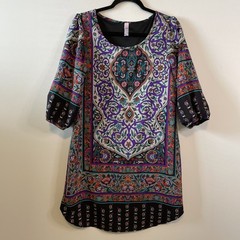 Alya Medium Boho Medallion Tunic Dress 3/4 Sleeve Made USA AS IS Flaw