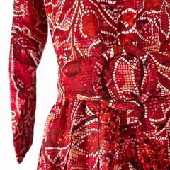 Samantha Sung Red Mosaic Print Linen Shirt Dress 3/4 Sleeve Belted Size 4 EUC