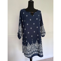 Rue 21 Paisley Print Dress Keyhole Neckline 3/4 Sleeve blue Tunic Dress size S
