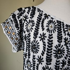 Muche et Muchette Bohemian Black White Floral Embroidered Sequin Mini Dress S/M