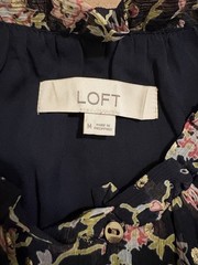 LOFT Navy Pink Green Gold Floral A-Line Dress High Neck Ruffle Flutter Sleeve M