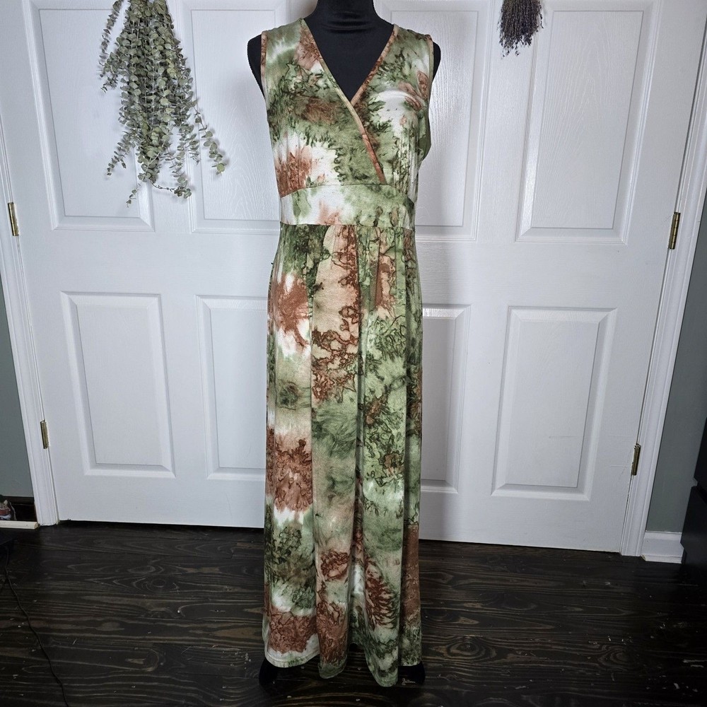 Woosea Green And Brown Maxi Dress XL V-neckline Cottage Bohemian Earthy