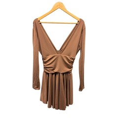 Micas Mini Dress Women&rsquo;s Large Long Sleeve V-Neck Brown Ruched Waist Fit Flare