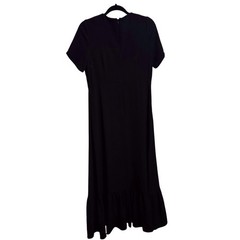 CO Size Large Black Short Sleeve Structured Ruffle Hem Maxi Dress Pockets Chic