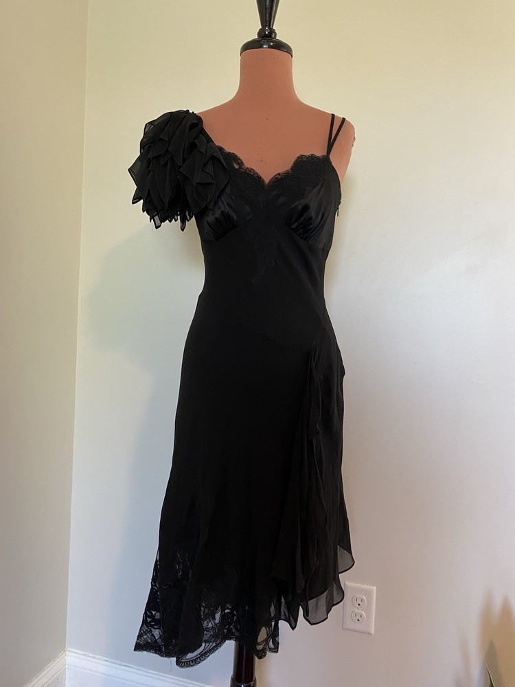 Karen Millen Black Dress Silk Asymmetric Cocktail One Shoulder Lace Trim US 6