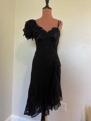 Karen Millen Black Dress Silk Asymmetric Cocktail One Shoulder Lace Trim US 6