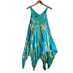Yes World Boutique Tie Dye Handkerchief Dress Sleeveless Casual Blue Green M
