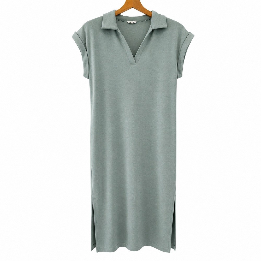 JODIFL Sage Green Polo Midi Dress Short Cap Sleeve Side Slits Pockets Small